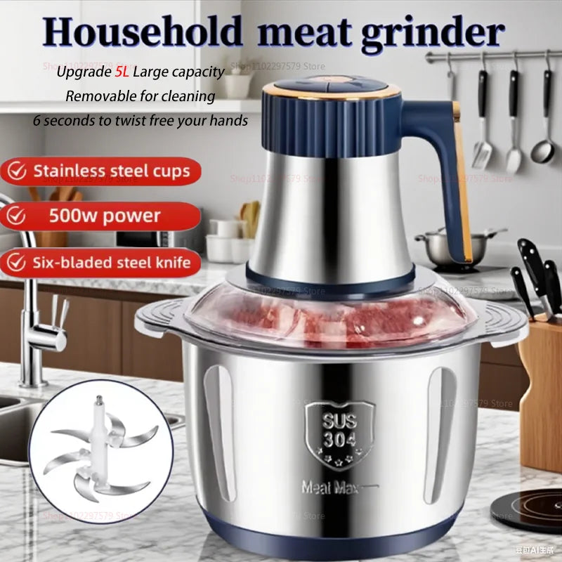 Household Meat Grinder Five-speed Stainless Steel Ground Meat Fruit and Vegetables Electric Kitchen Blenders Food Processor