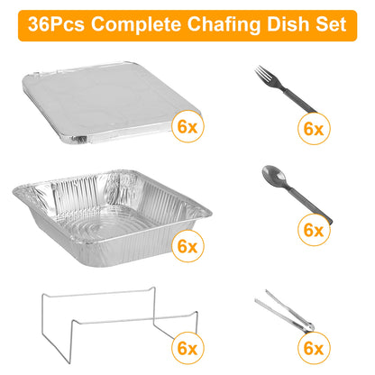 36Pcs Per Set Disposable Chafing Dish Buffet Set Food Warmers For Party Buffet Server Catering Supplies With Covers Utensils Half Size Food Pans For Parties Events BBQ Catering